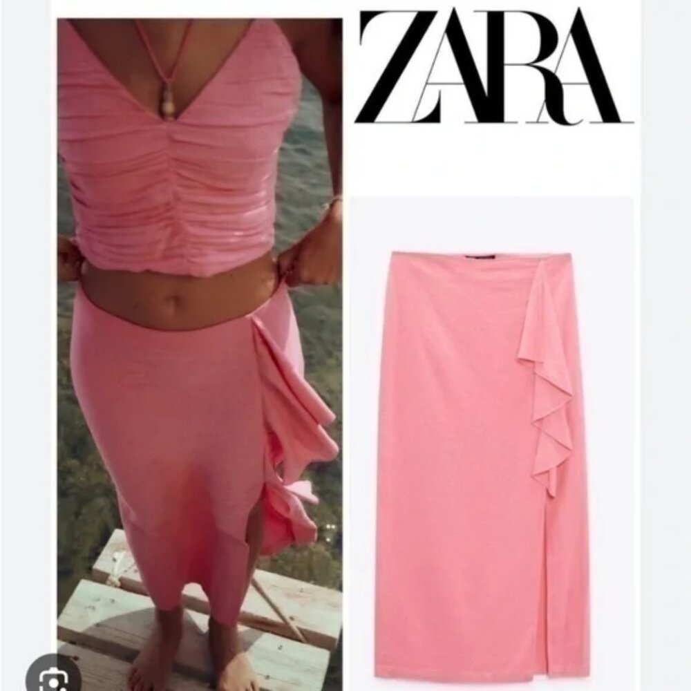 Zara Pink Ruffled Midi Skirt